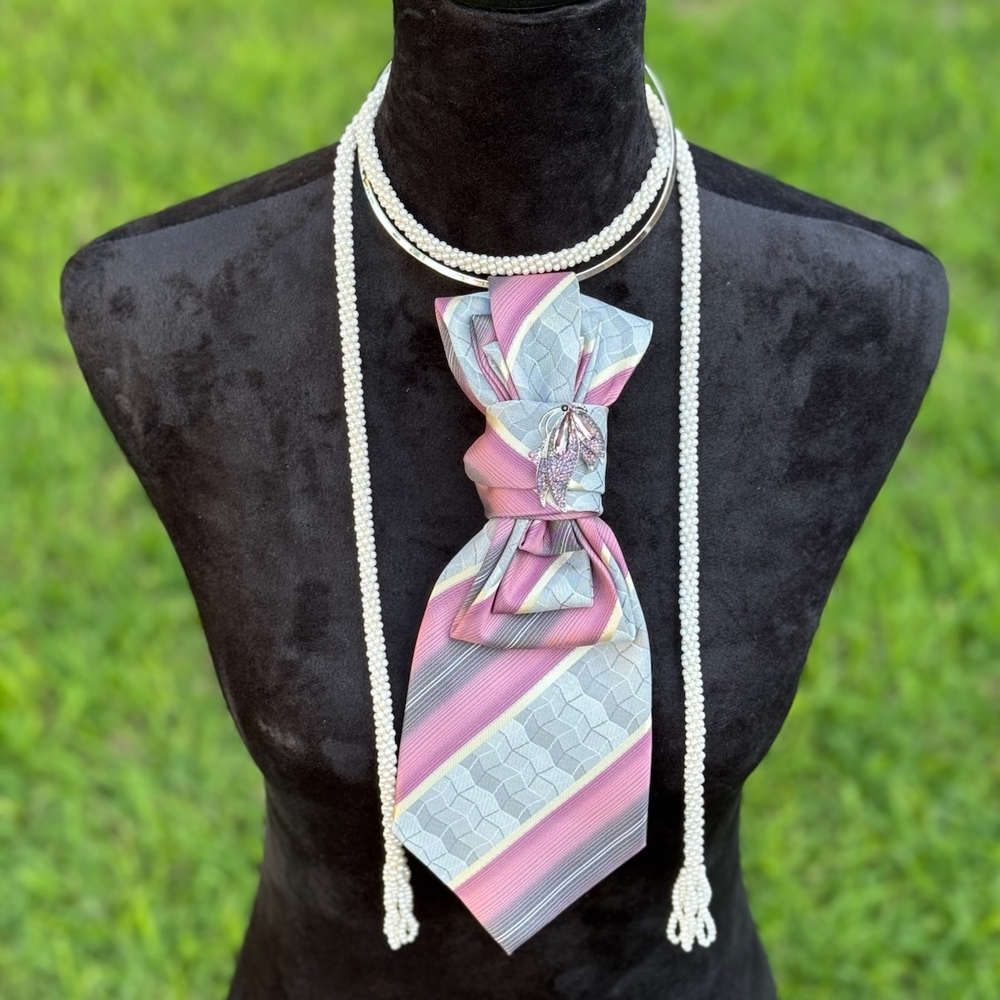 Nu-Ties Designed & Handmade By FLHood~Elegant Pearl Necklace Pink and Gray Combo